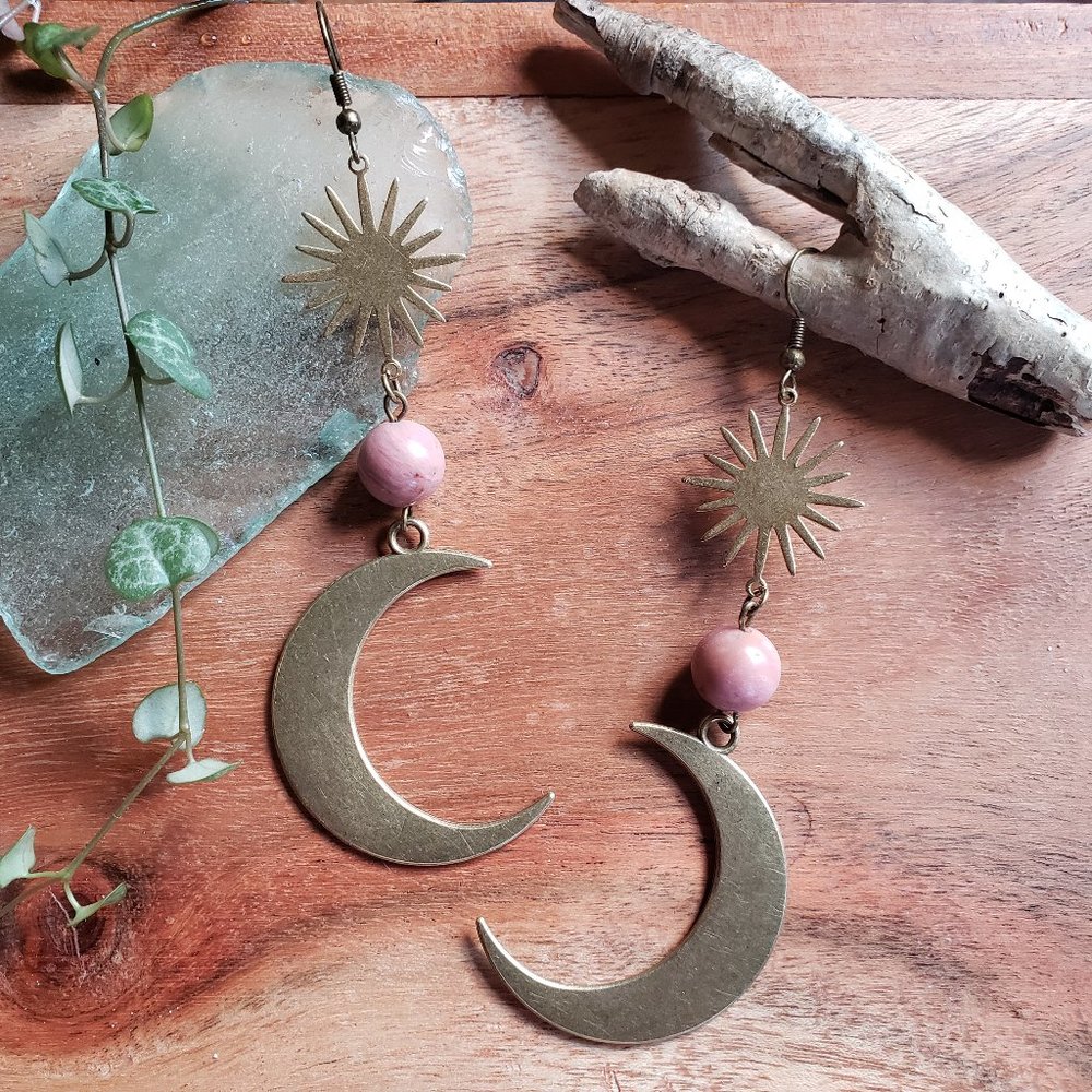 Handmade Celestial Crescent Moon Sun w/ Stone of Love Rhodonite Crystal Earrings